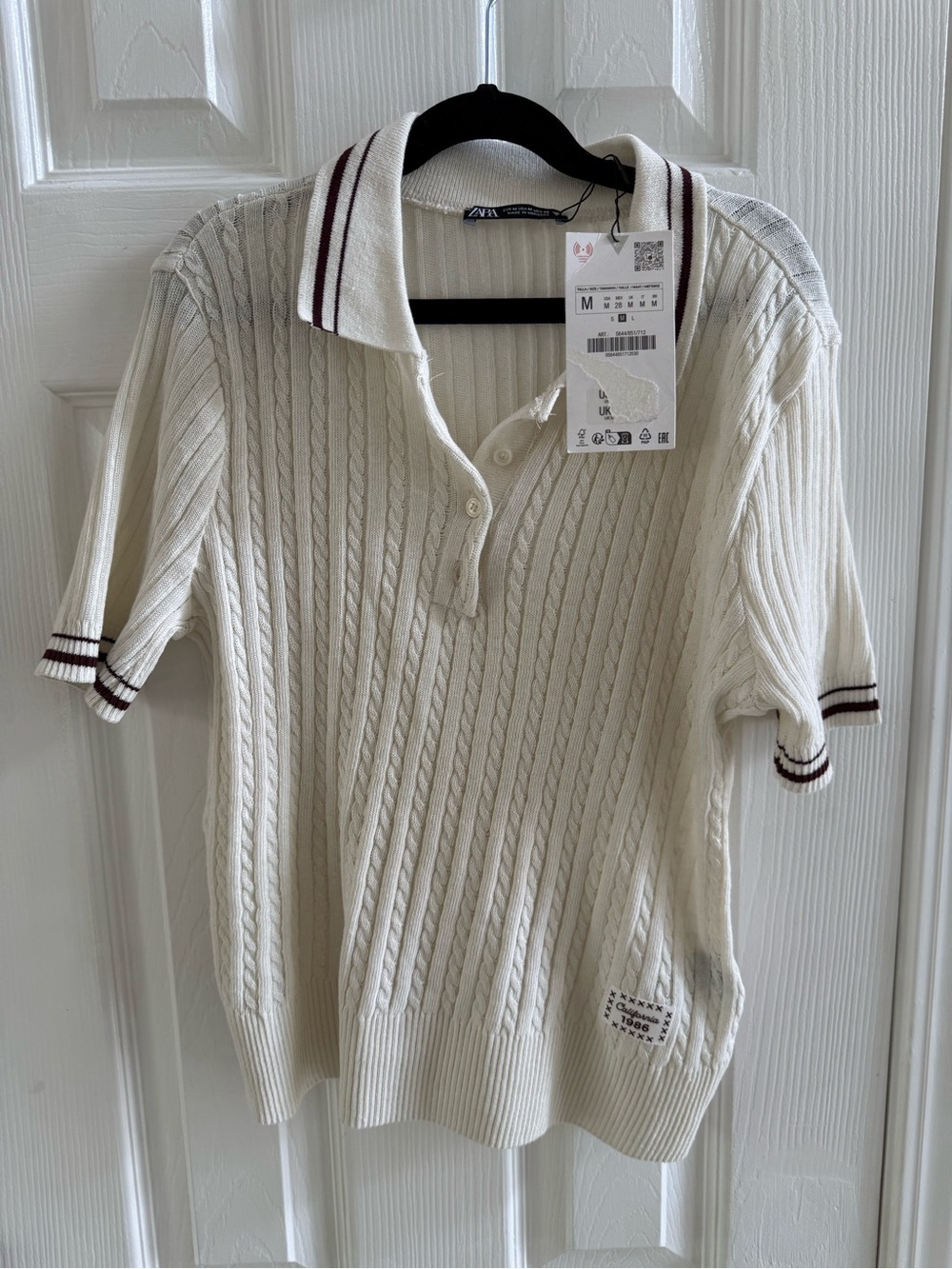Zara Men Cream Cable-Knit Polo with Burgundy Trim